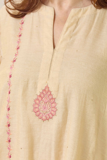 Falak-Noor Natural Beige - Pure Silk Chanderi Tissue Kurta Set