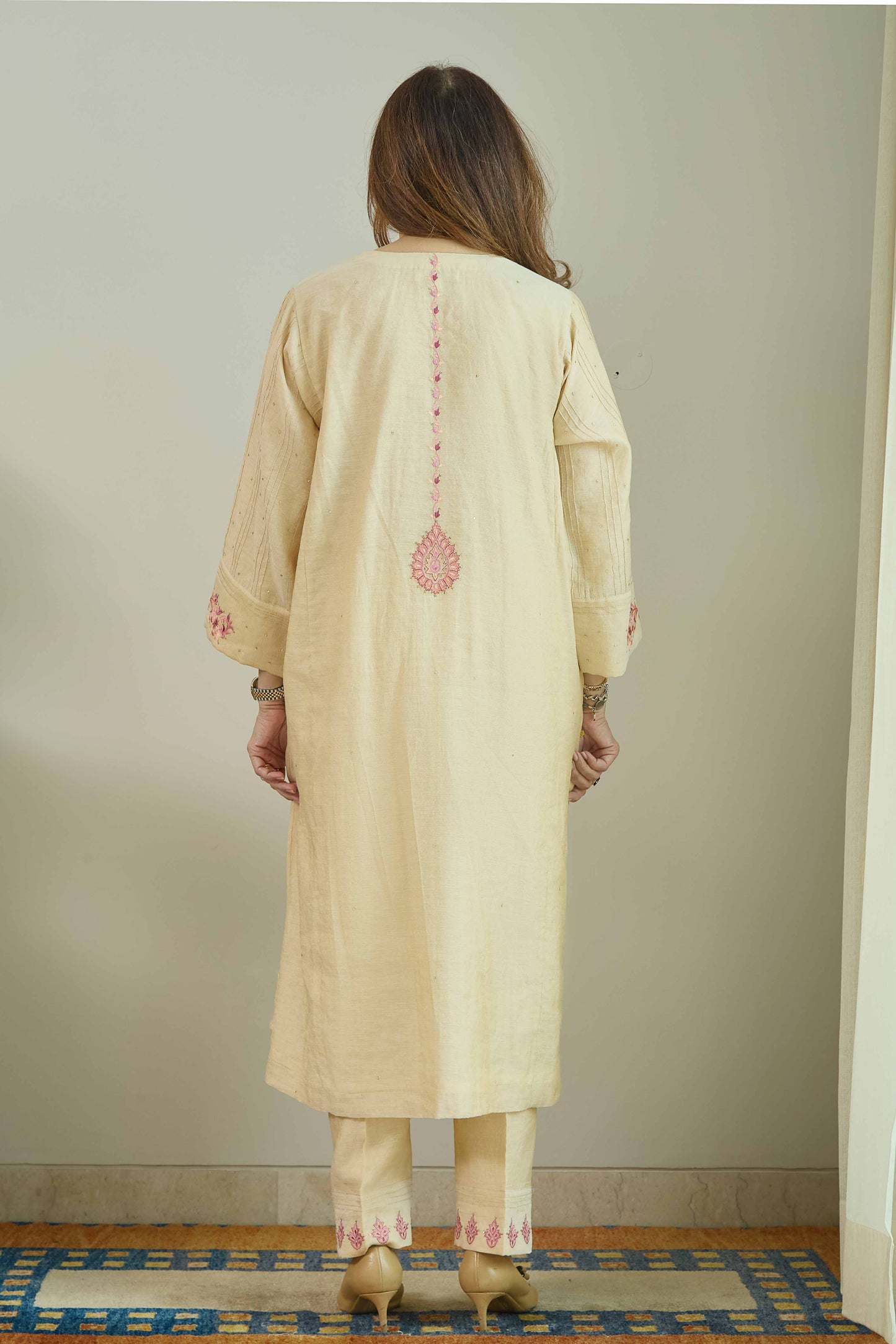 Falak-Noor Natural Beige - Pure Silk Chanderi Tissue Kurta Set