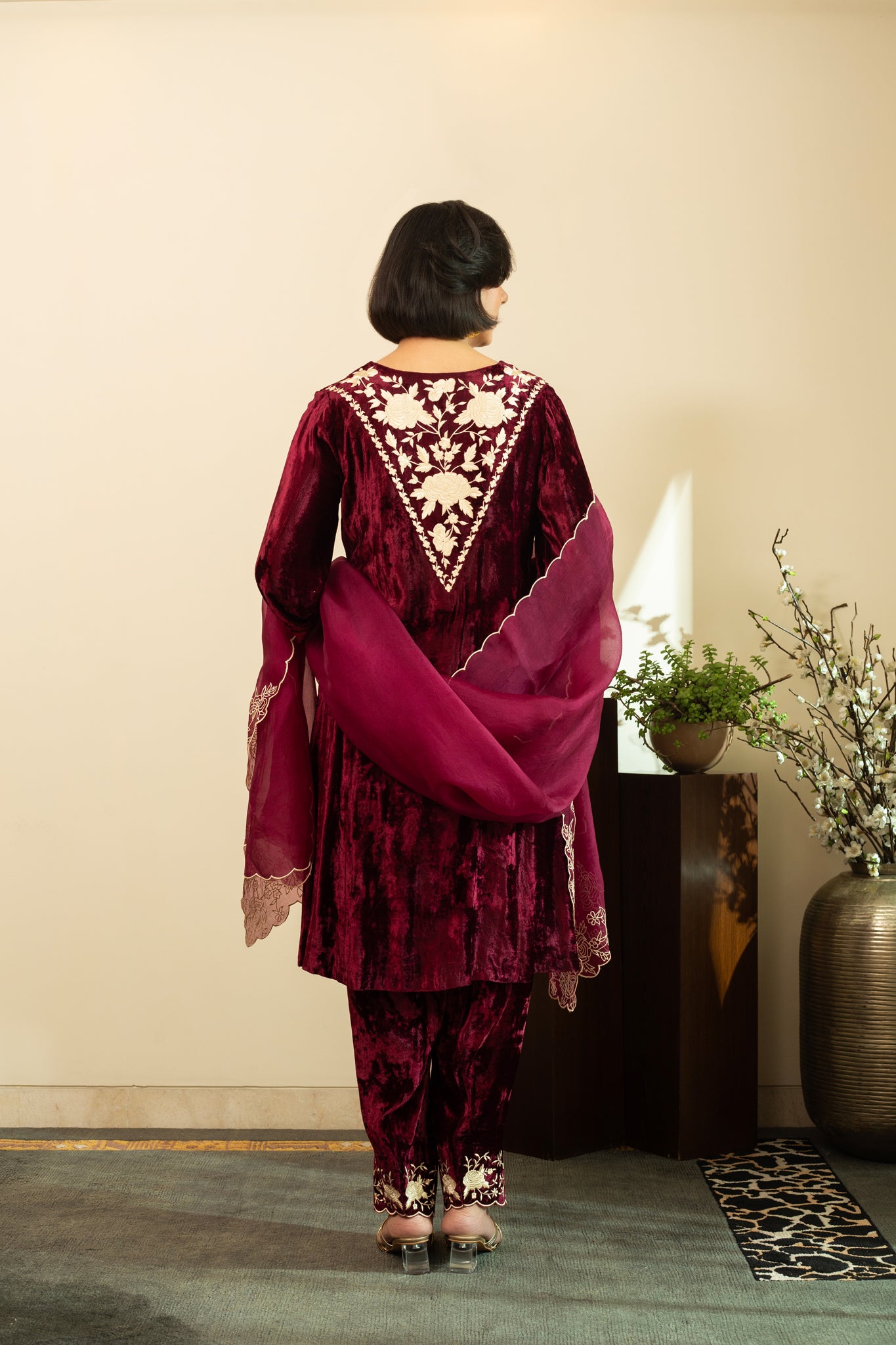 Wine Makhmal Embroidered Kurta Set With Pure Silk Organza Dupatta