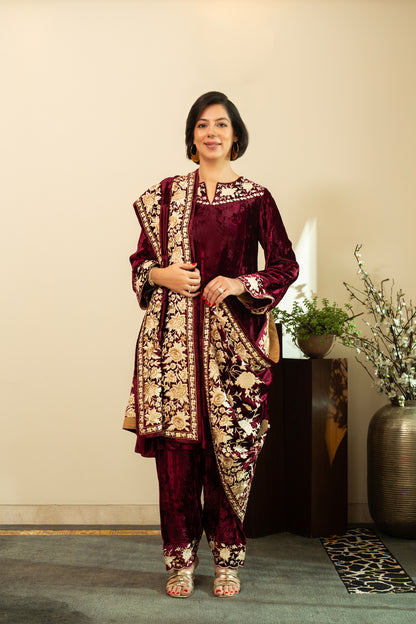 Wine Makhmal Embroidered Kurta Set With Pure Silk Organza Dupatta