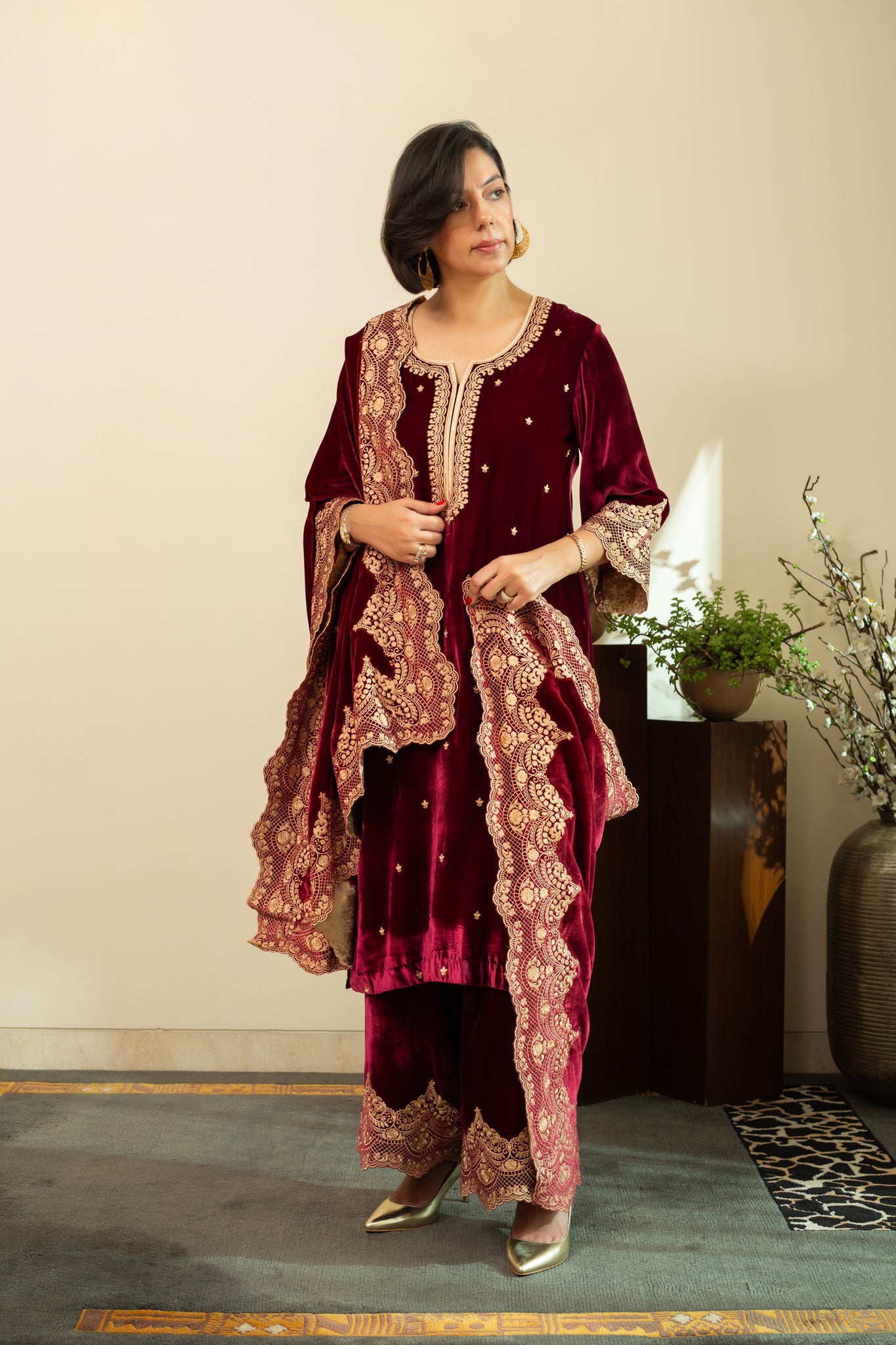 CHANTILLY LACE embroidered Kurta set in Silk Velvet with pure silk organza embroidered Dupatta