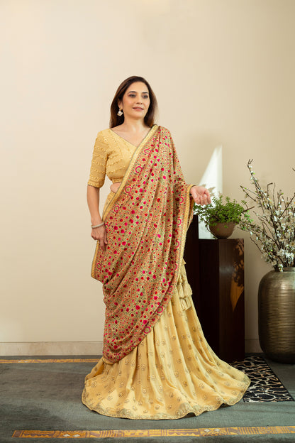 INAYA Beige Yellow Boota Lehenga with Heavy Dupatta