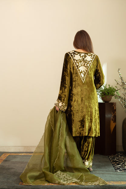 Mehndi Green Makhmal Embroidered  Kurta Set With Pure Silk Organza Dupatta