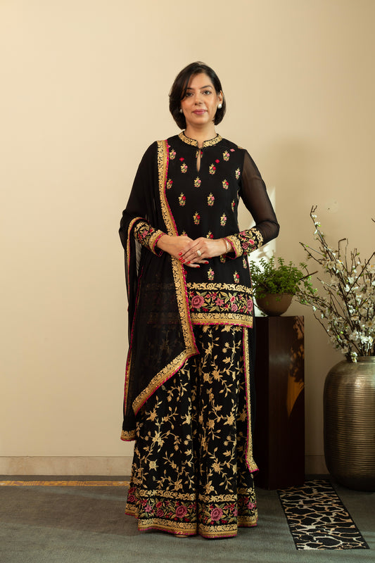 YASMINE Black Georgette Sharara Set with Parsi and intricate Gota Patti Embroidery