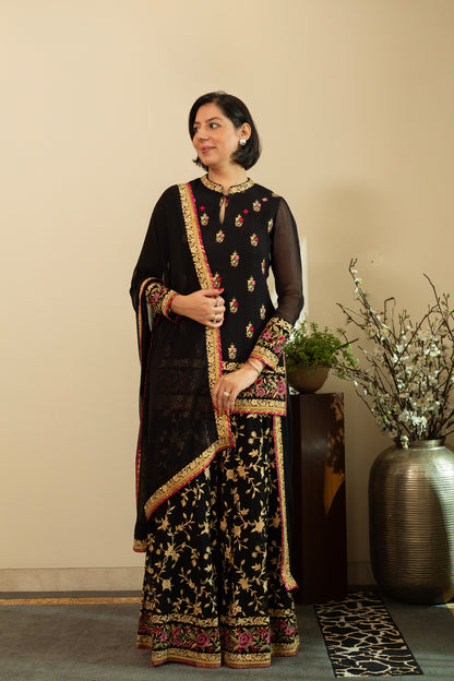 YASMINE Black Georgette Sharara Set with Parsi and intricate Gota Patti Embroidery