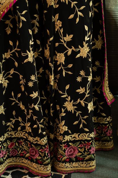 YASMINE Black Georgette Sharara Set with Parsi and intricate Gota Patti Embroidery