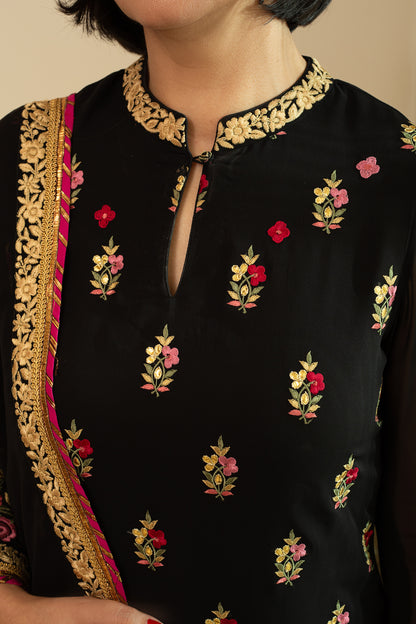 YASMINE Black Georgette Sharara Set with Parsi and intricate Gota Patti Embroidery