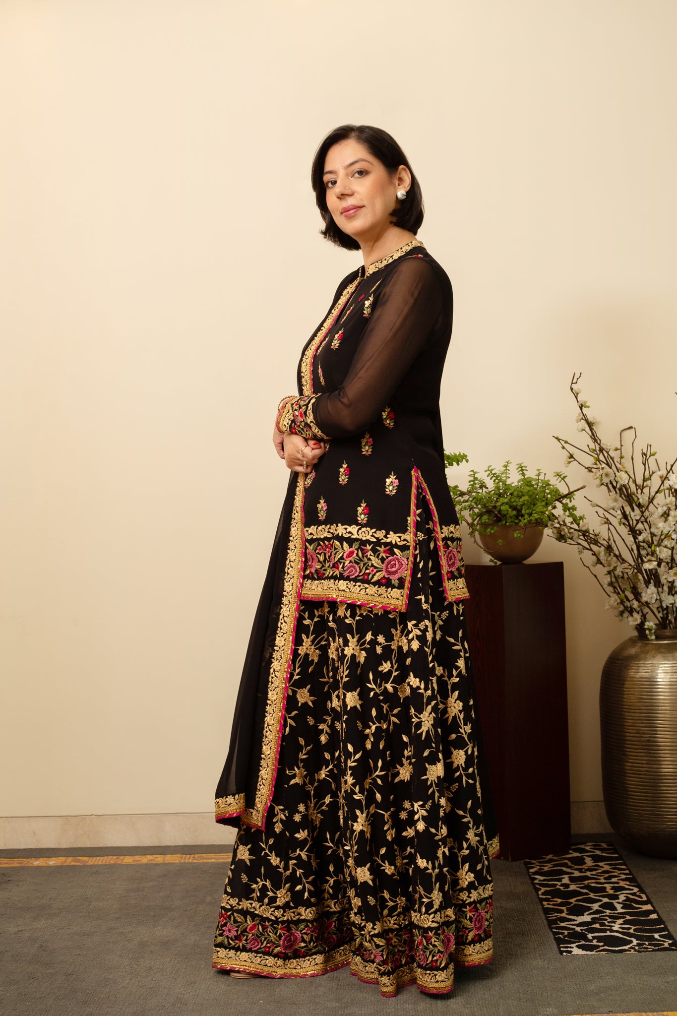 YASMINE Black Georgette Sharara Set with Parsi and intricate Gota Patti Embroidery