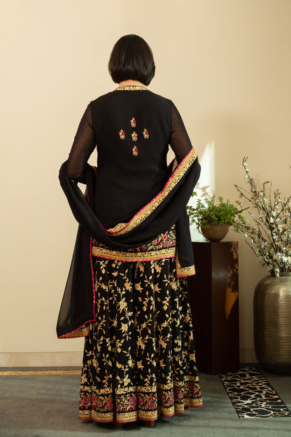 YASMINE Black Georgette Sharara Set with Parsi and intricate Gota Patti Embroidery