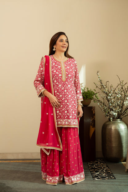 HEER Georgette Carmine Red Sharara Set with Parsi Bird Embroidery and intricate Aari Embroidery