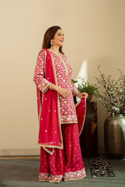 HEER Georgette Carmine Red Sharara Set with Parsi Bird Embroidery and intricate Aari Embroidery