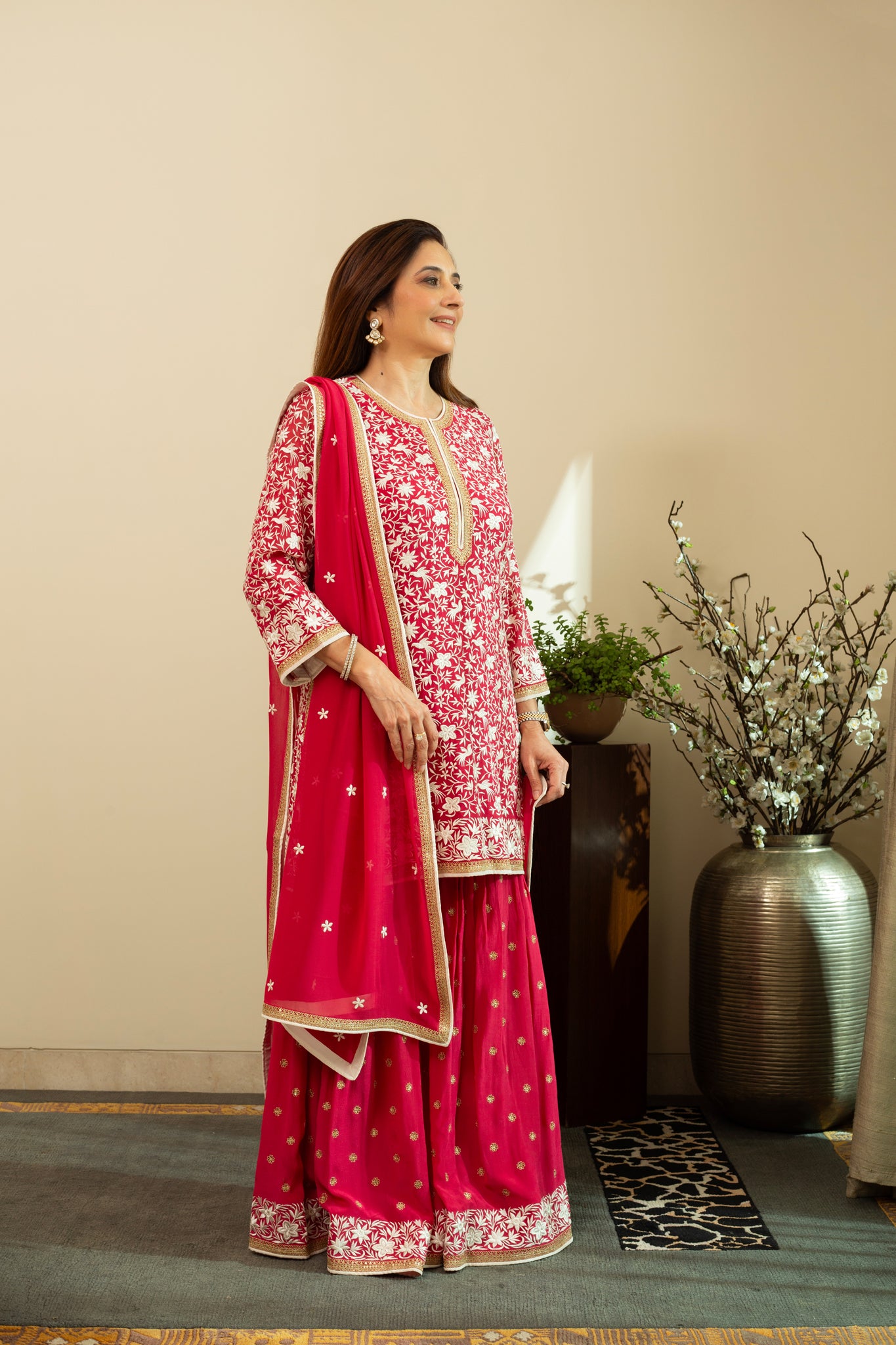 HEER Georgette Carmine Red Sharara Set with Parsi Bird Embroidery and intricate Aari Embroidery