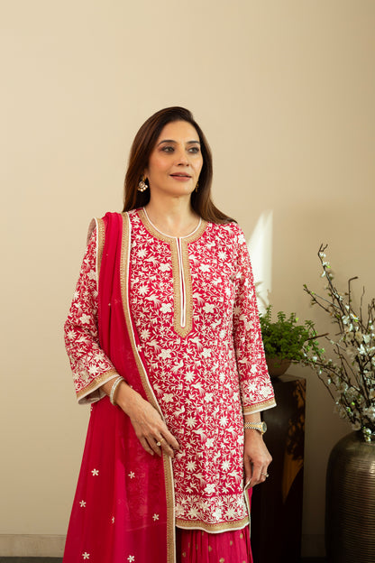 HEER Georgette Carmine Red Sharara Set with Parsi Bird Embroidery and intricate Aari Embroidery