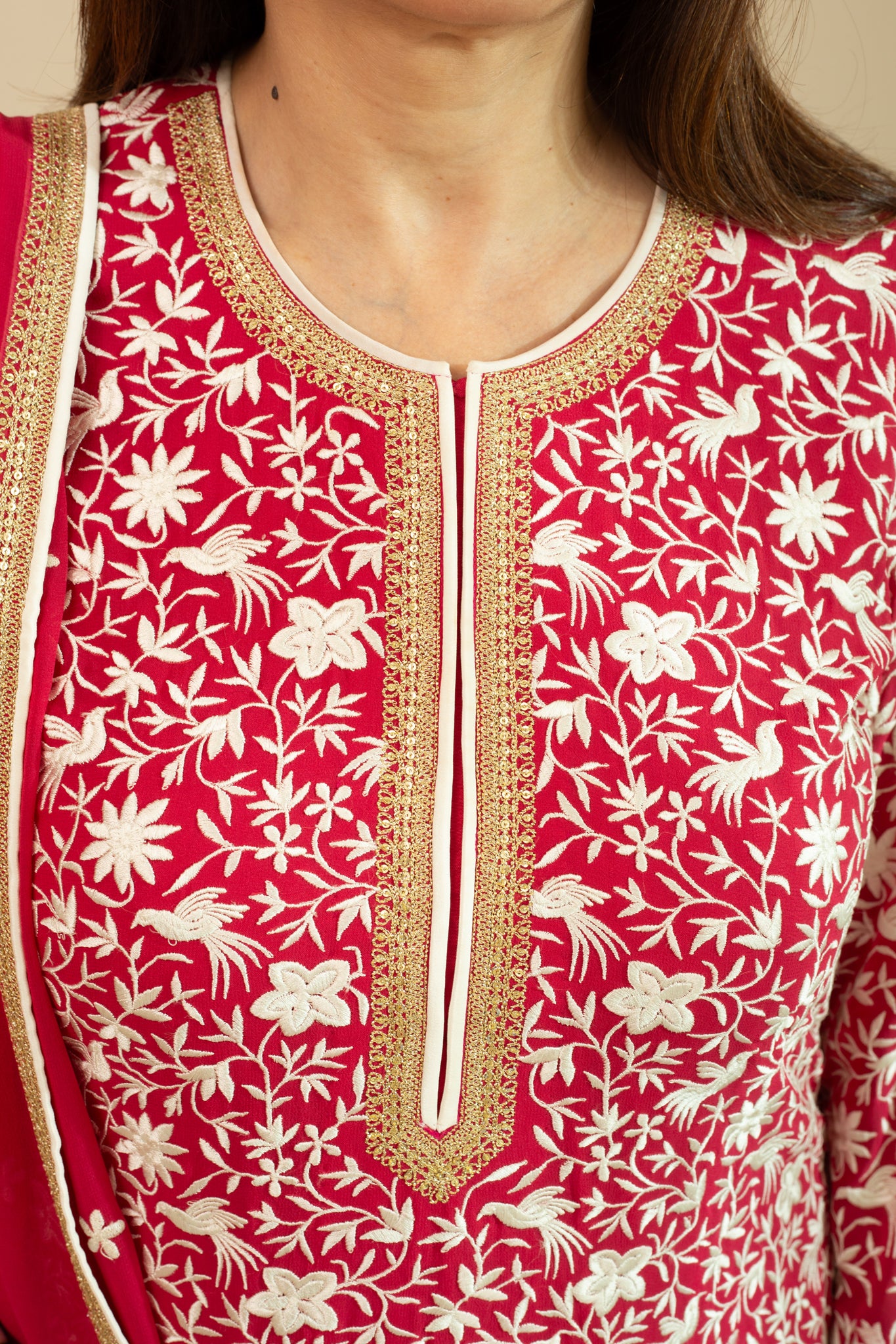 HEER Georgette Carmine Red Sharara Set with Parsi Bird Embroidery and intricate Aari Embroidery