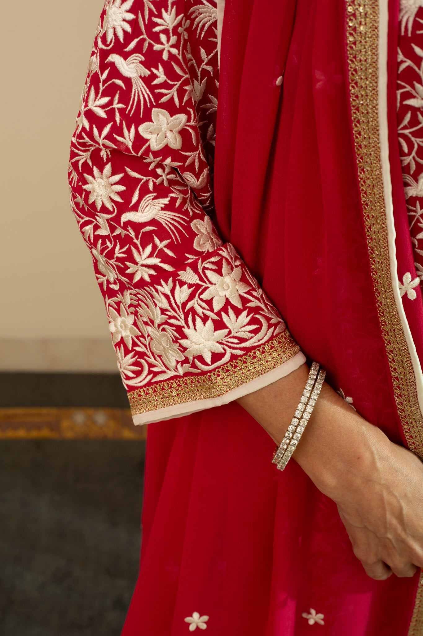 HEER Georgette Carmine Red Sharara Set with Parsi Bird Embroidery and intricate Aari Embroidery