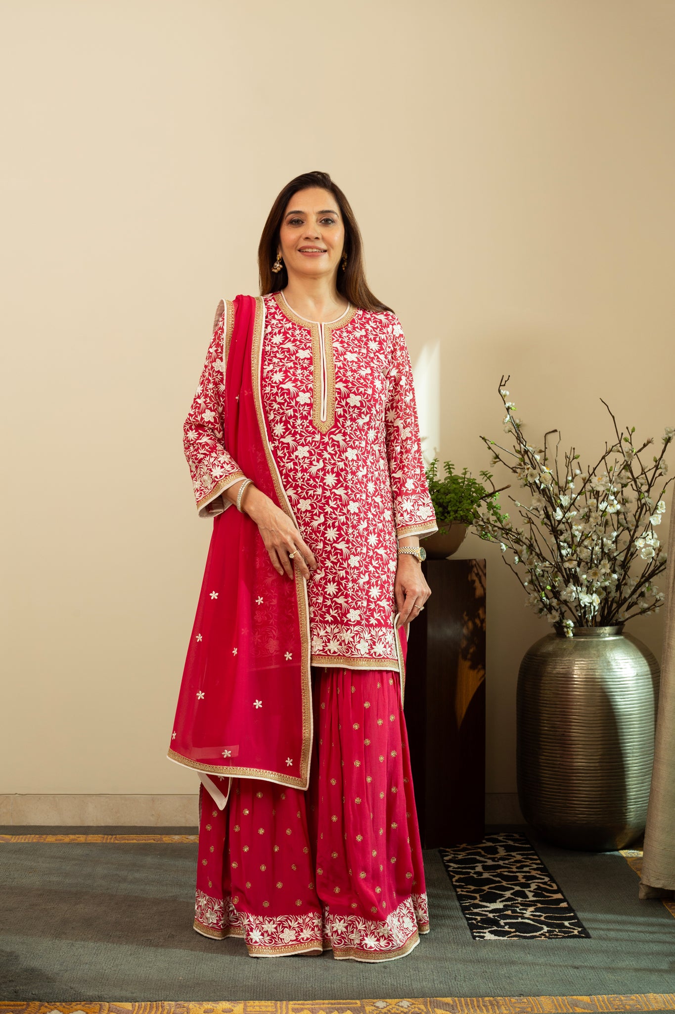 HEER Georgette Carmine Red Sharara Set with Parsi Bird Embroidery and intricate Aari Embroidery