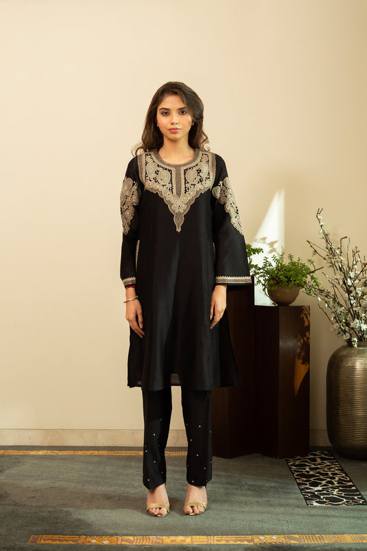 RUBANI Black Tissue Applique Mirror Work Chanderi Kurta Set