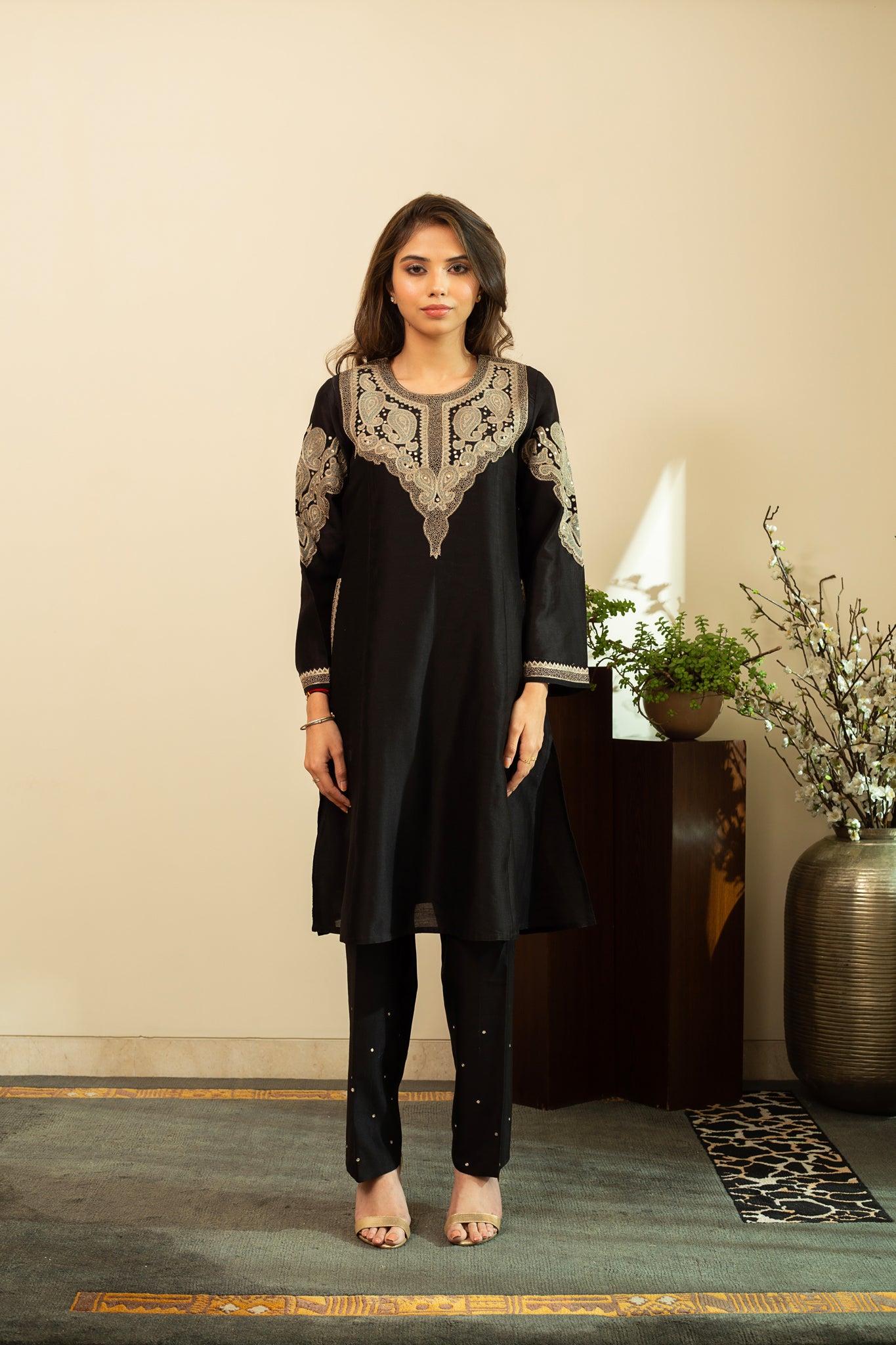 RUBANI Black Tissue Applique Mirror Work Chanderi Kurta Set