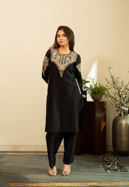 RUBANI Black Tissue Applique Mirror Work Chanderi Kurta Set