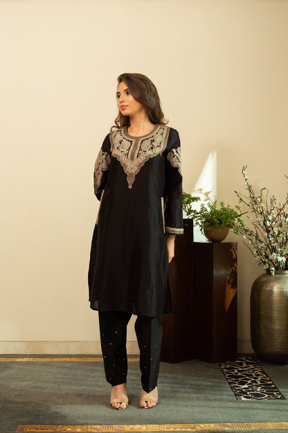 RUBANI Black Tissue Applique Mirror Work Chanderi Kurta Set