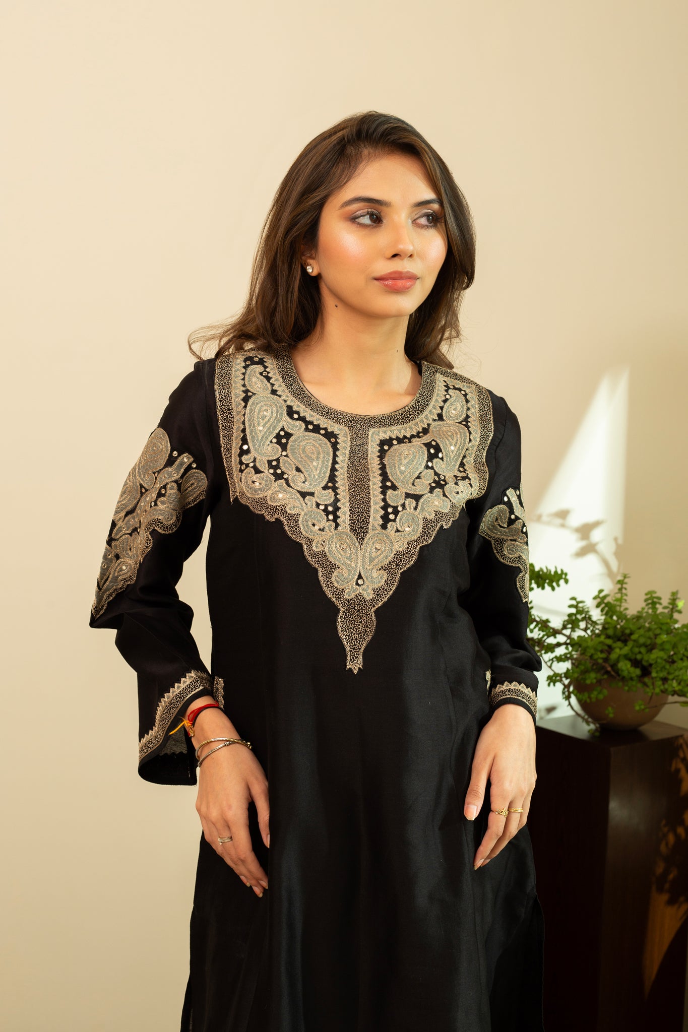 RUBANI Black Tissue Applique Mirror Work Chanderi Kurta Set