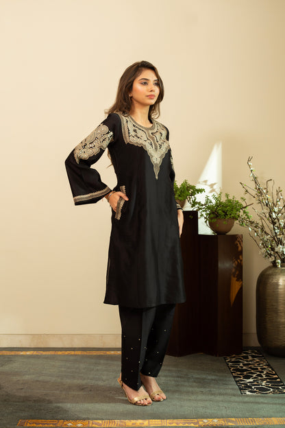 RUBANI Black Tissue Applique Mirror Work Chanderi Kurta Set