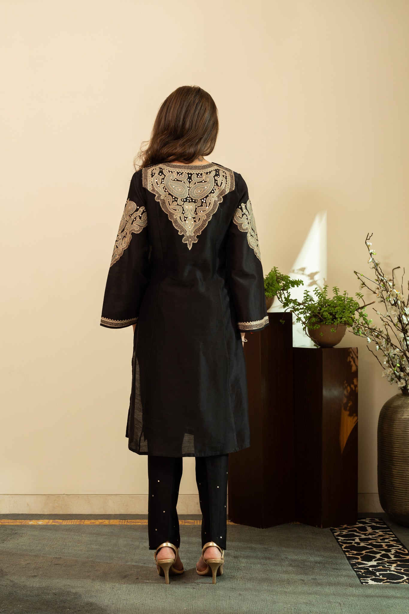 RUBANI Black Tissue Applique Mirror Work Chanderi Kurta Set