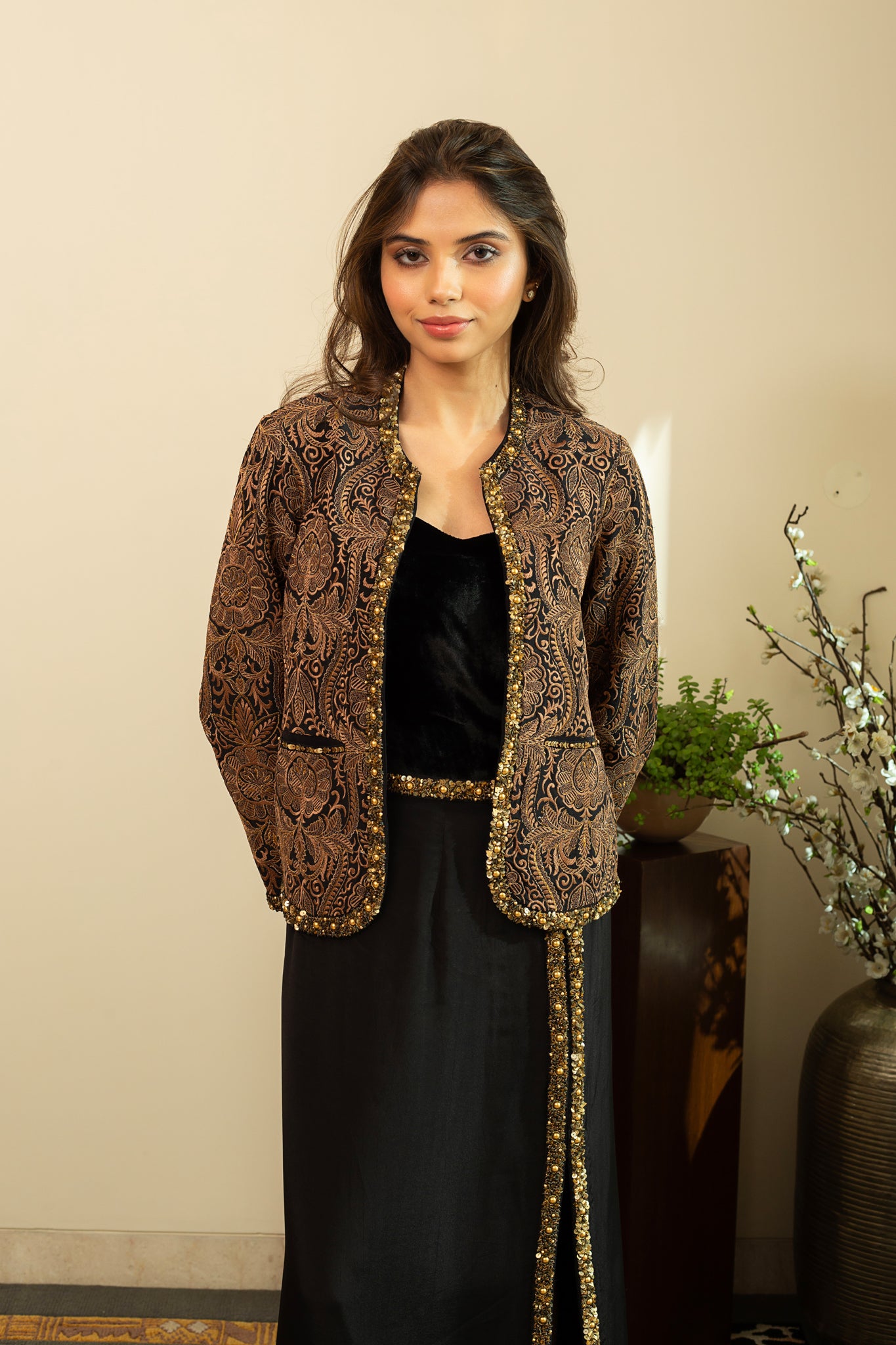 NURA Short Beige Jamawar Embroidered Jacket with Heavy Beadwork Straight Skirt