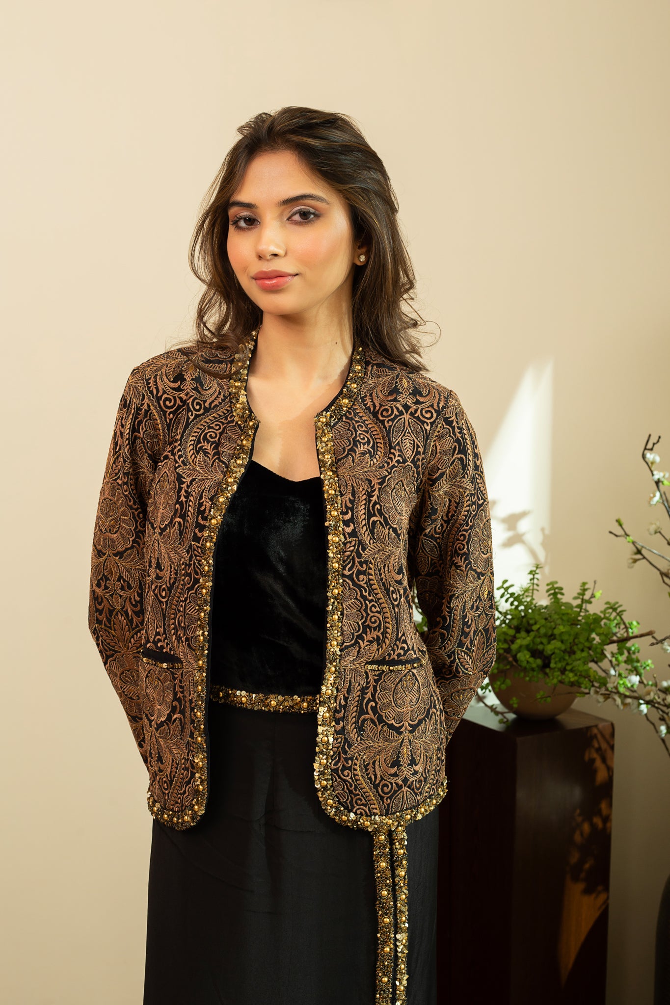 NURA Short Beige Jamawar Embroidered Jacket with Heavy Beadwork Straight Skirt