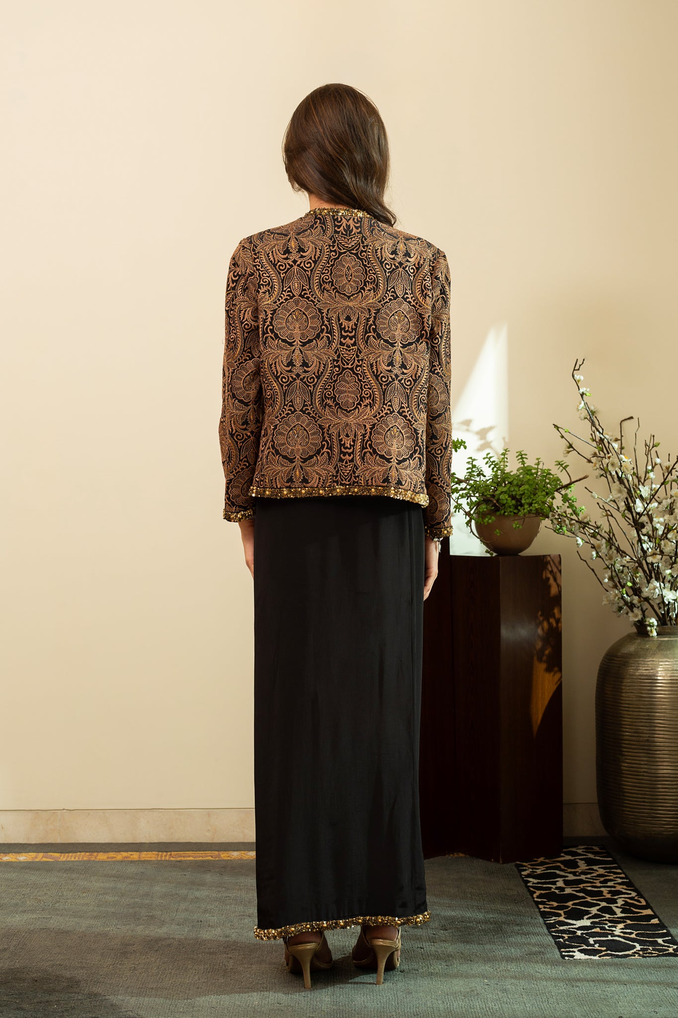 NURA Short Beige Jamawar Embroidered Jacket with Heavy Beadwork Straight Skirt