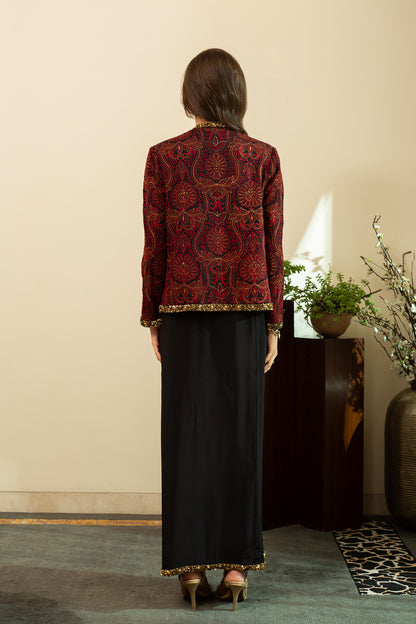 NURA Jamawar Embroidery Short Red Jacket with Embellished Straight Skirt