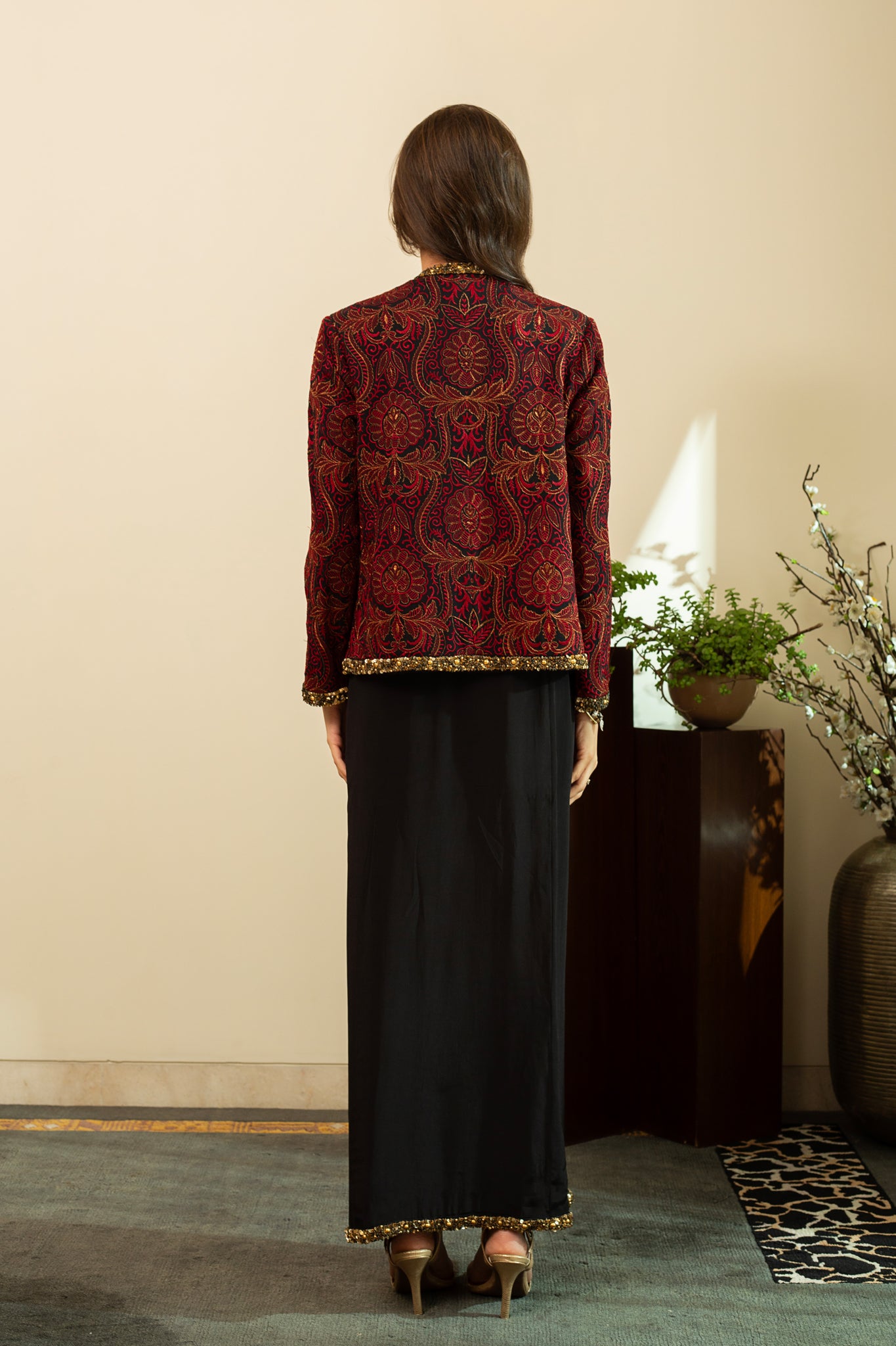 NURA Jamawar Embroidery Short Red Jacket