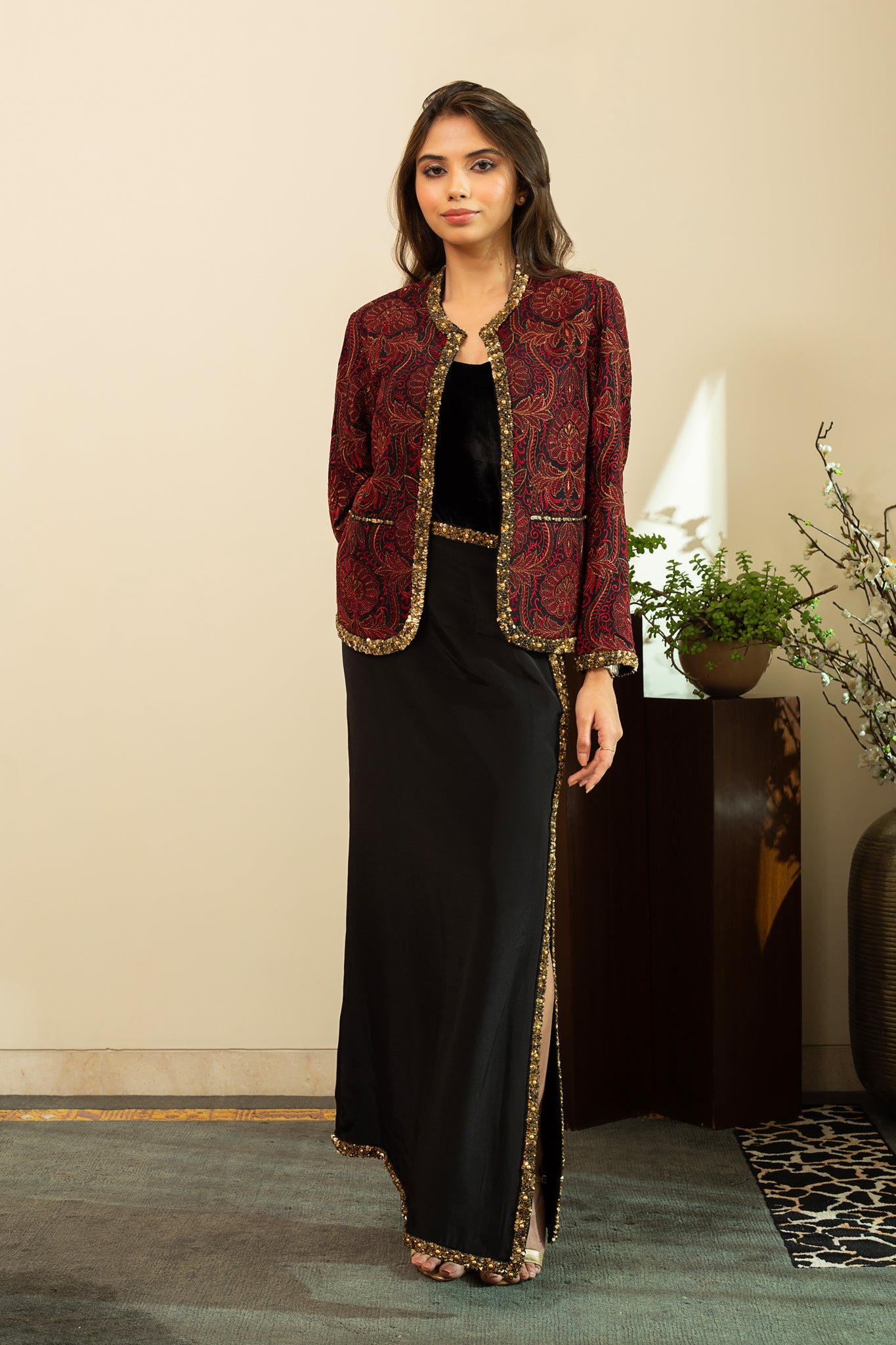 NURA Jamawar Embroidery Short Red Jacket with Embellished Straight Skirt