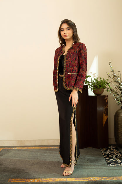 NURA Jamawar Embroidery Short Red Jacket with Embellished Straight Skirt