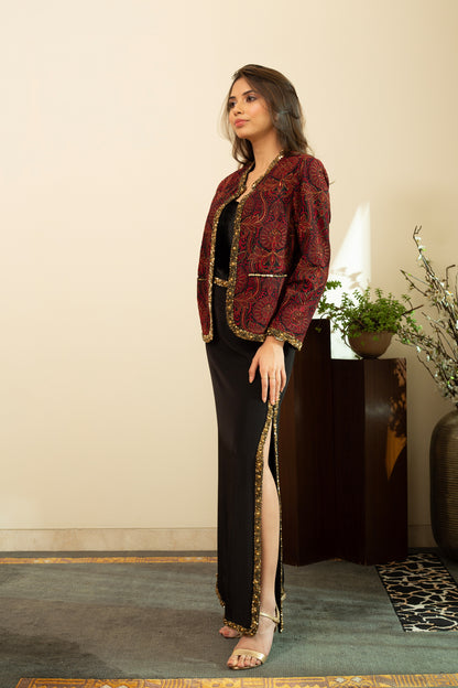 NURA Jamawar Embroidery Short Red Jacket with Embellished Straight Skirt