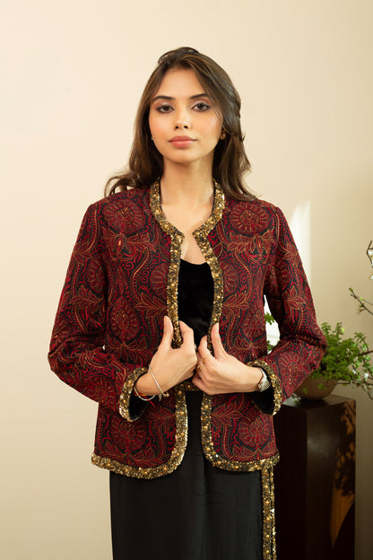 NURA Jamawar Embroidery Short Red Jacket with Embellished Straight Skirt