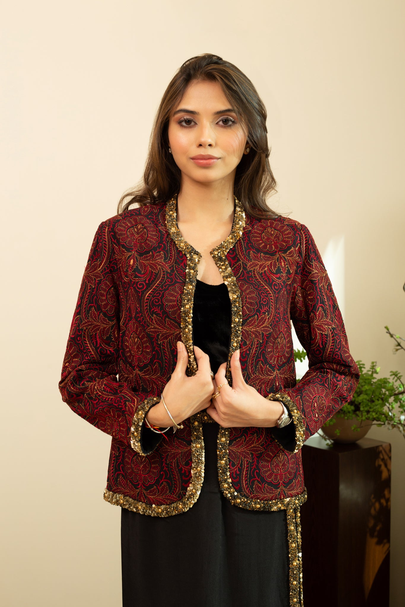 NURA Jamawar Embroidery Short Red Jacket