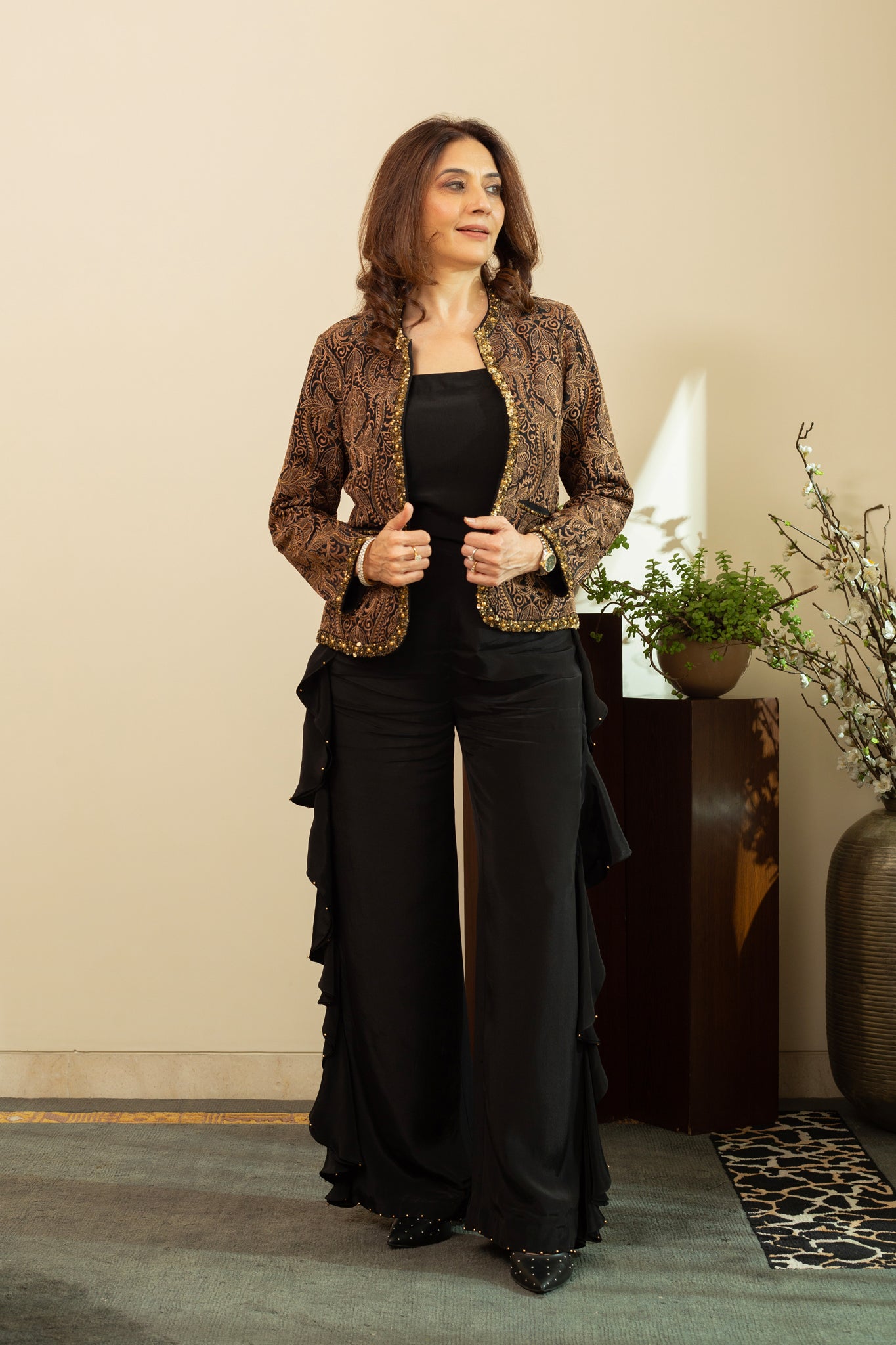 NURA Beige Jamawar embroidery Short Jacket with Frill Pants