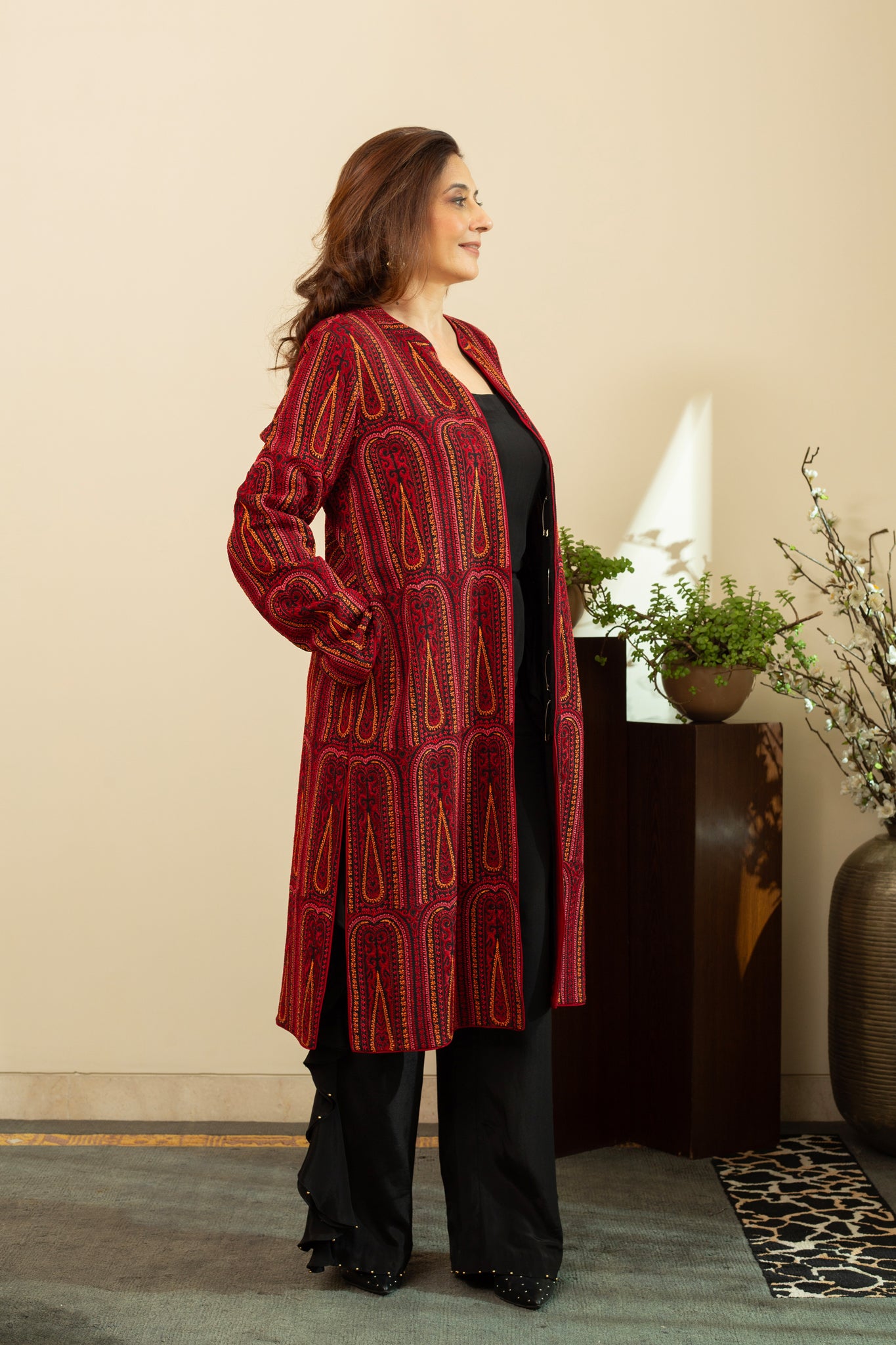 SAIRA Red Embroidered Long Jacket