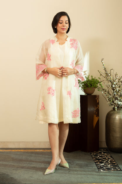 Zainab  Ecru Pure silk Chanderi Shift Dress with Pure Silk Organza Jacket with  Pink Floral Embroidery