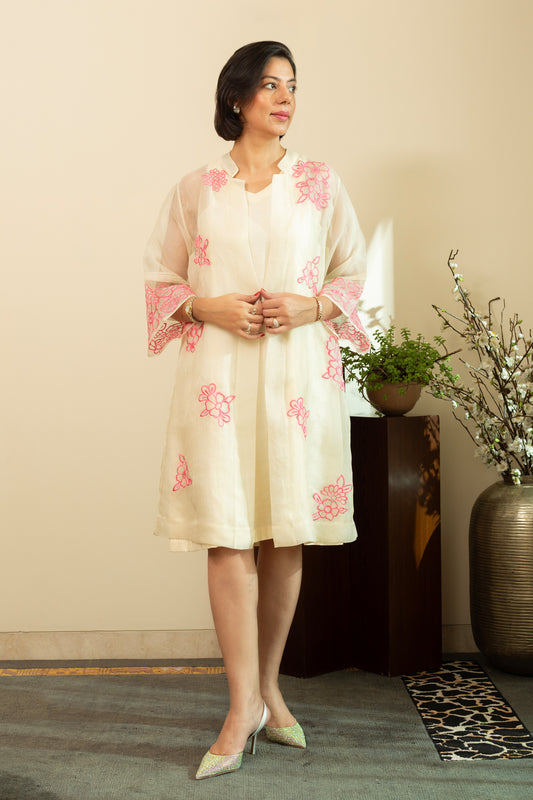 Zainab  Ecru Pure silk Chanderi Shift Dress with Pure Silk Organza Jacket with  Pink Floral Embroidery