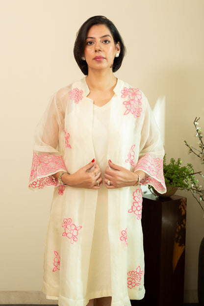 Zainab  Ecru Pure silk Chanderi Shift Dress with Pure Silk Organza Jacket with  Pink Floral Embroidery
