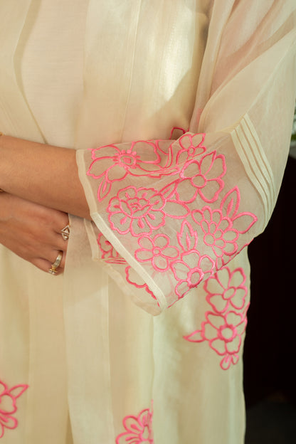 Zainab  Ecru Pure silk Chanderi Shift Dress with Pure Silk Organza Jacket with  Pink Floral Embroidery
