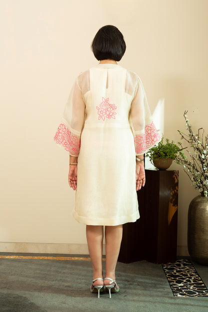 Zainab  Ecru Pure silk Chanderi Shift Dress with Pure Silk Organza Jacket with  Pink Floral Embroidery