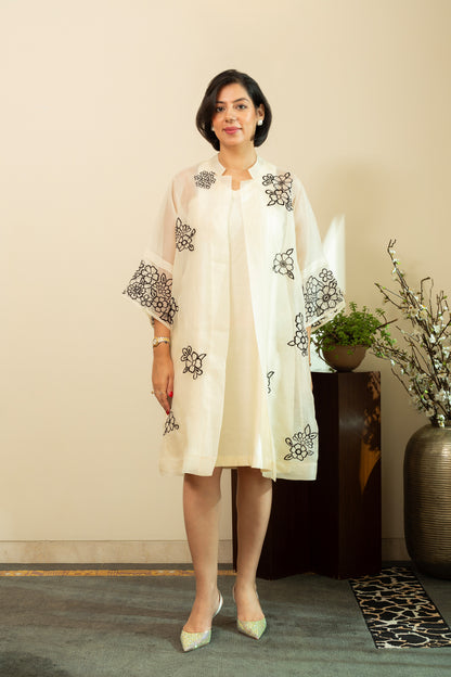 Zainab Ecru Pure silk Chanderi Shift Dress with Pure Silk Organza Overlay Jacket in Black Floral Embroidery