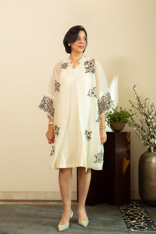 Zainab Ecru Pure silk Chanderi Shift Dress with Pure Silk Organza Overlay Jacket in Black Floral Embroidery