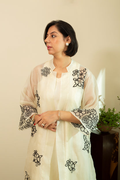 Zainab Ecru Pure silk Chanderi Shift Dress with Pure Silk Organza Overlay Jacket in Black Floral Embroidery