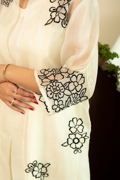 Zainab Ecru Pure silk Chanderi Shift Dress with Pure Silk Organza Overlay Jacket in Black Floral Embroidery