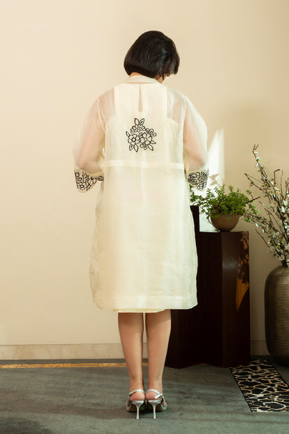 Zainab Ecru Pure silk Chanderi Shift Dress with Pure Silk Organza Overlay Jacket in Black Floral Embroidery