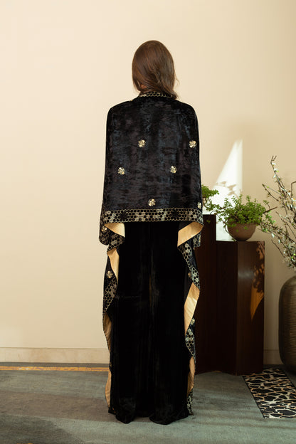 MAZNEEN Makhmal Zari Embroidery Cape in Black Colour